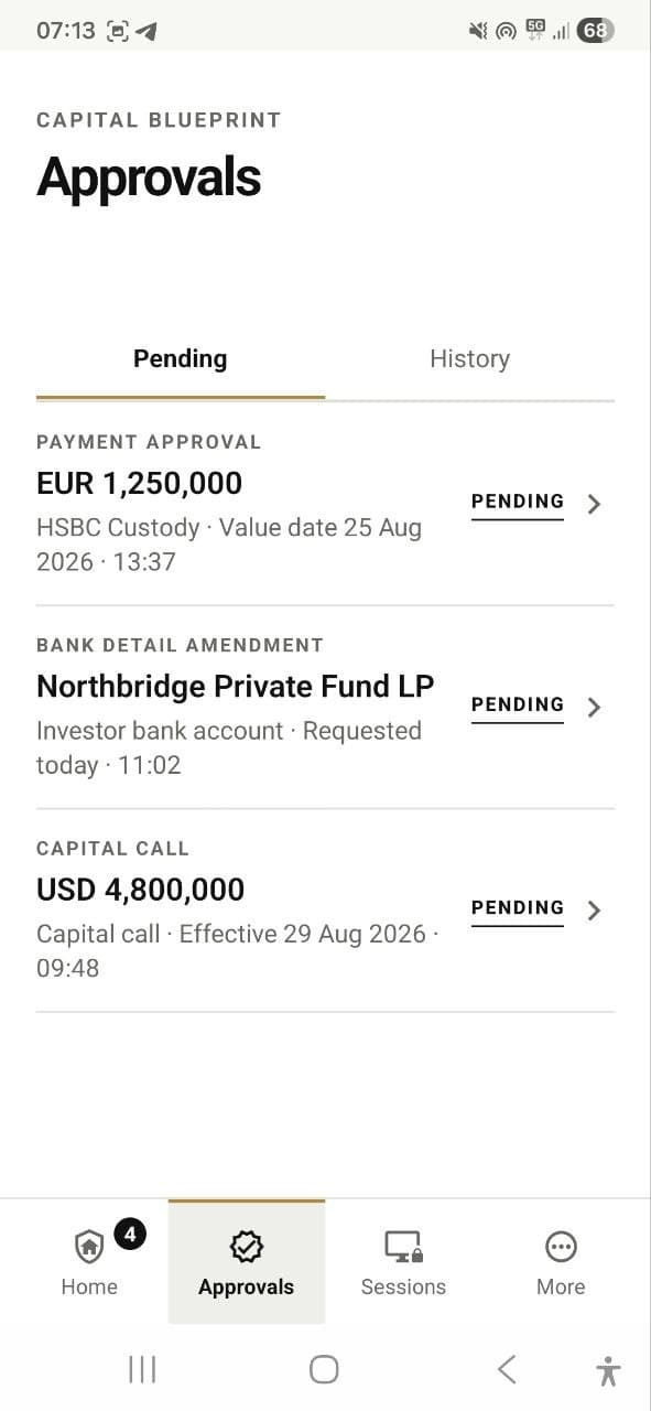 Pending approvals in Capital Blueprint Connect