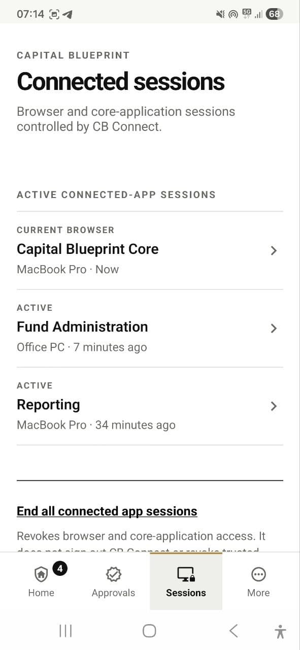 Connected application sessions in Capital Blueprint Connect